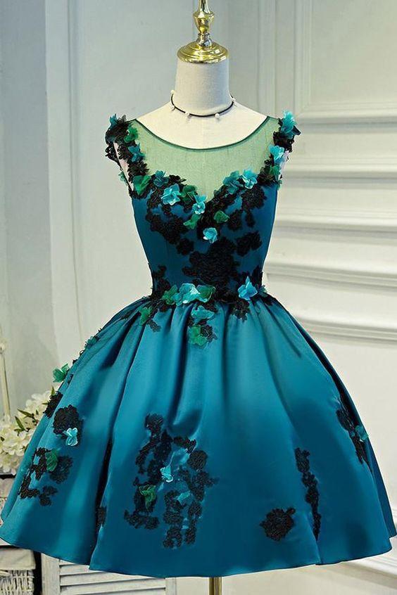 Deep Green Vintage Sheer Satin Homecoming Dresses Carleigh Appliques Party Dress CD3644