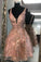 Unique V Neck Beads Backless Johanna Pink Homecoming Dresses Short Dress CD3650
