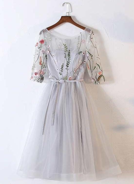 Beautiful Grey Tulle Round Neckline With Flowers Homecoming Dresses Toni Party Dress Short CD3683