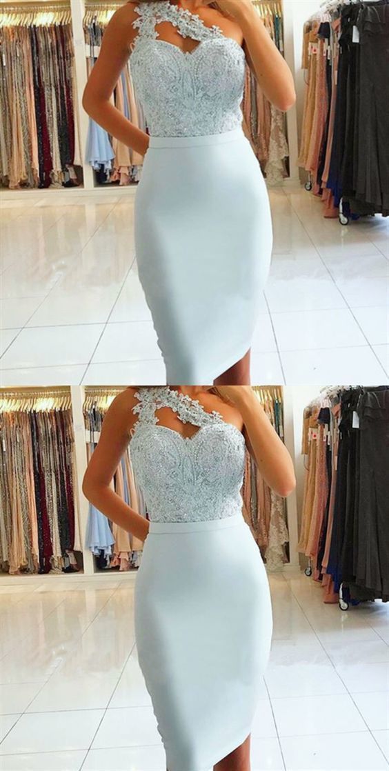 Sheath One Shoulder Sophie Lace Homecoming Dresses Light Blue Knee-Length With Beading CD374