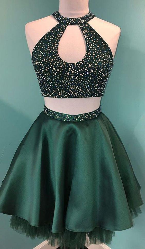 Unique Halter Beaded Green Bethany Homecoming Dresses Satin Cute Two Piece CD3805