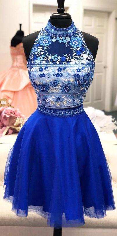 Two Piece With High Neck And Royal Blue Jaida Homecoming Dresses Floral Top CD3900