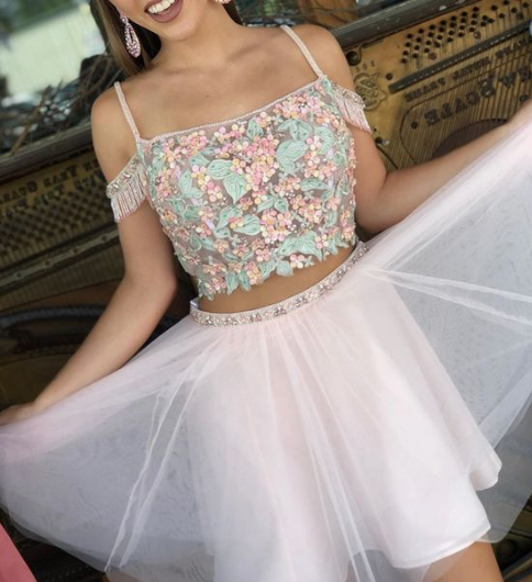 Two Piece Short Cute Pink Homecoming Dresses Shirley CD3906