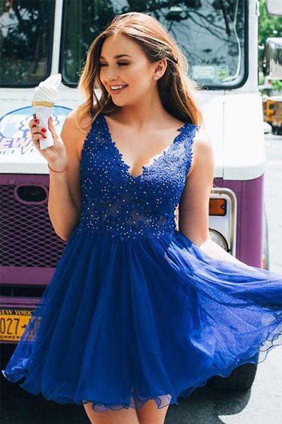A-Line V-Neck Shayla Homecoming Dresses Royal Blue Short Backless With Appliques CD3909
