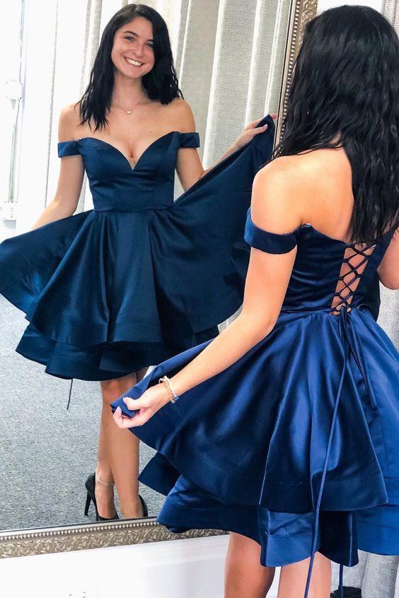 Off The Shoulder Short Navy Blue With Up Homecoming Dresses Lace Katherine Back CD3943