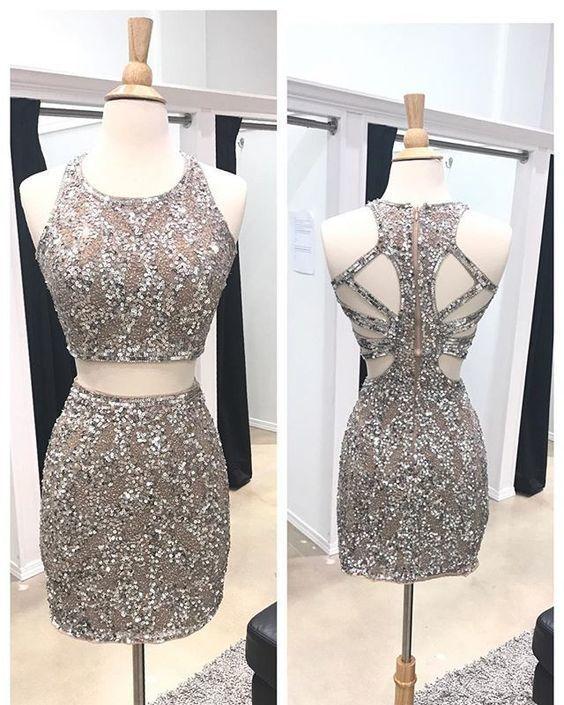 Homecoming Dresses Sarah Two Piece Beaded Sheath Open Back CD3996