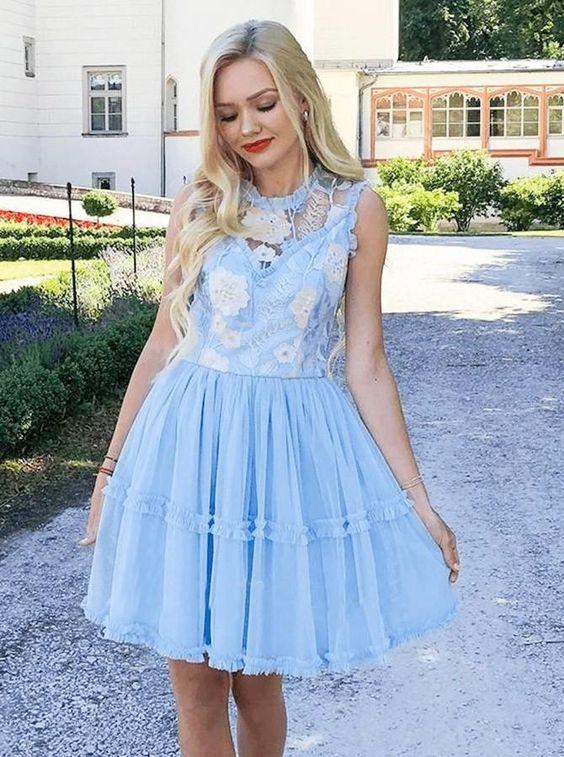 A-Line Jewel Short Blue Tulle Party Dress Callie Lace Homecoming Dresses With CD4007