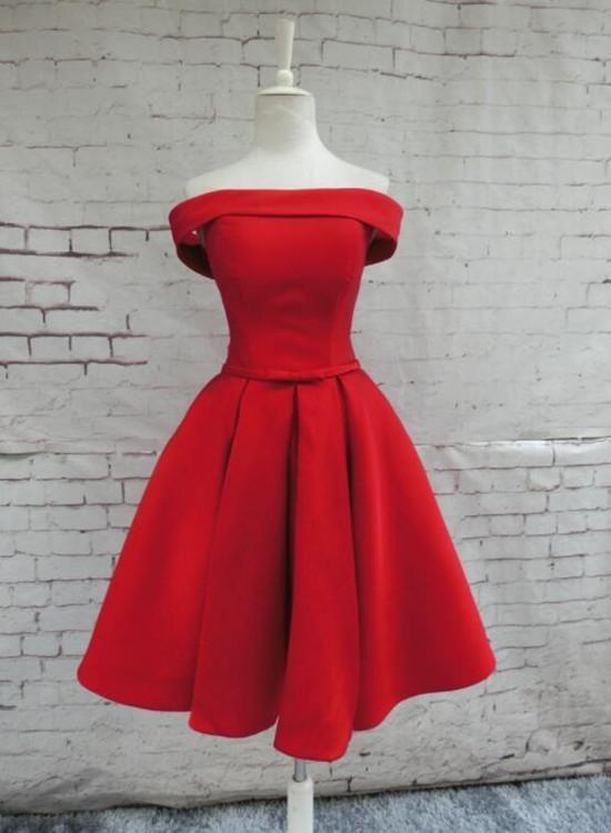 Red Off Shoulder Party Dress Satin Homecoming Dresses Krista Vg4035