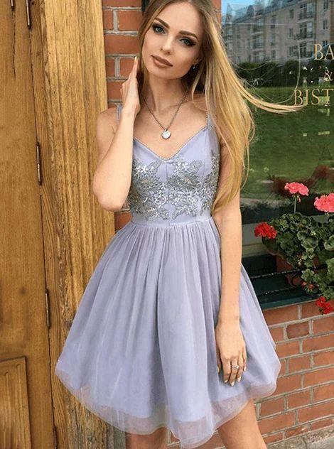 Cute Straps Short Grey Tulle Homecoming Dresses A Line Lia With Appliques CD4060