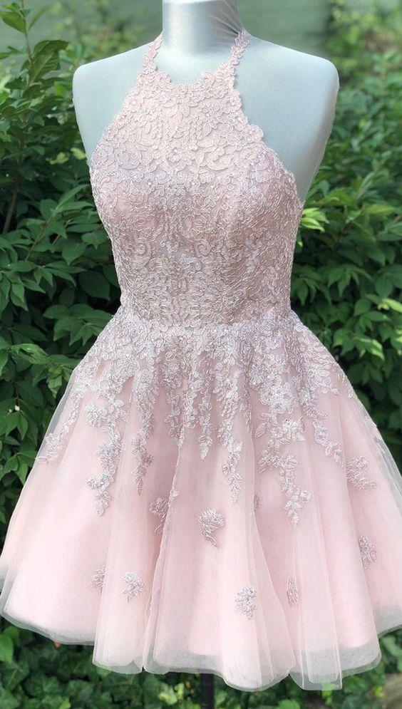 Formal Short For Teens Kendra Homecoming Dresses Pink Lace Halter Senior Dresses CD4092