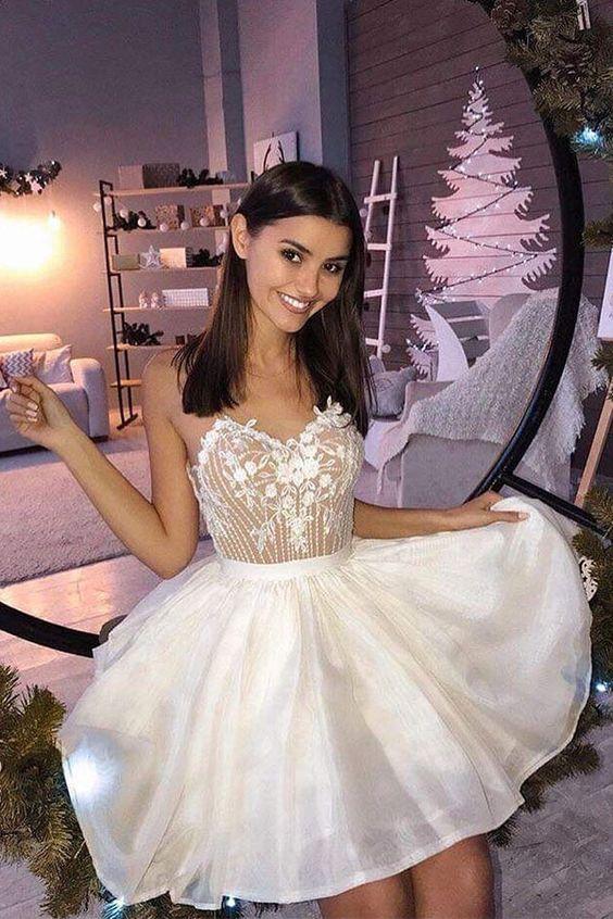 Tessa Homecoming Dresses A-Line Spaghetti Straps Above-Knee White With Appliques CD4094