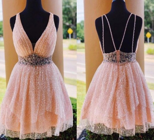 Homecoming Dresses Cameron A-Line V-Neck Above-Knee Coral Short With Beading CD4095
