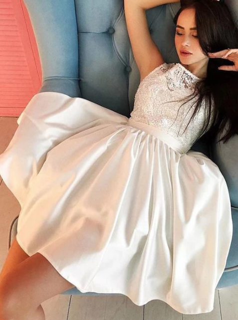 Elena Lace Homecoming Dresses Satin White Short Dress CD4103