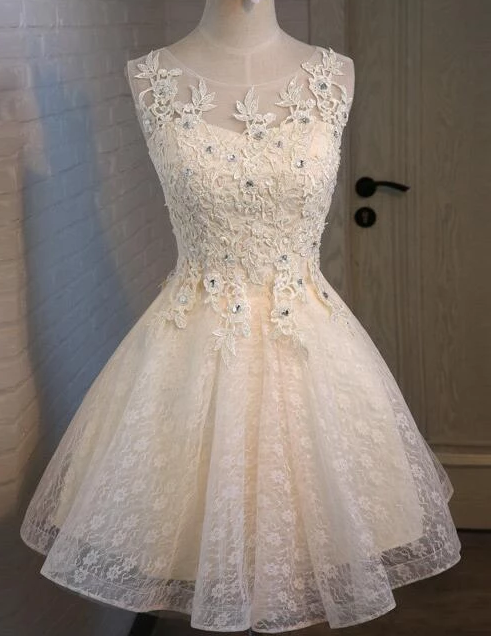 Lovely Champagne Cute Beaded Homecoming Dresses Nathalia Lace Party Dress Cute CD4107