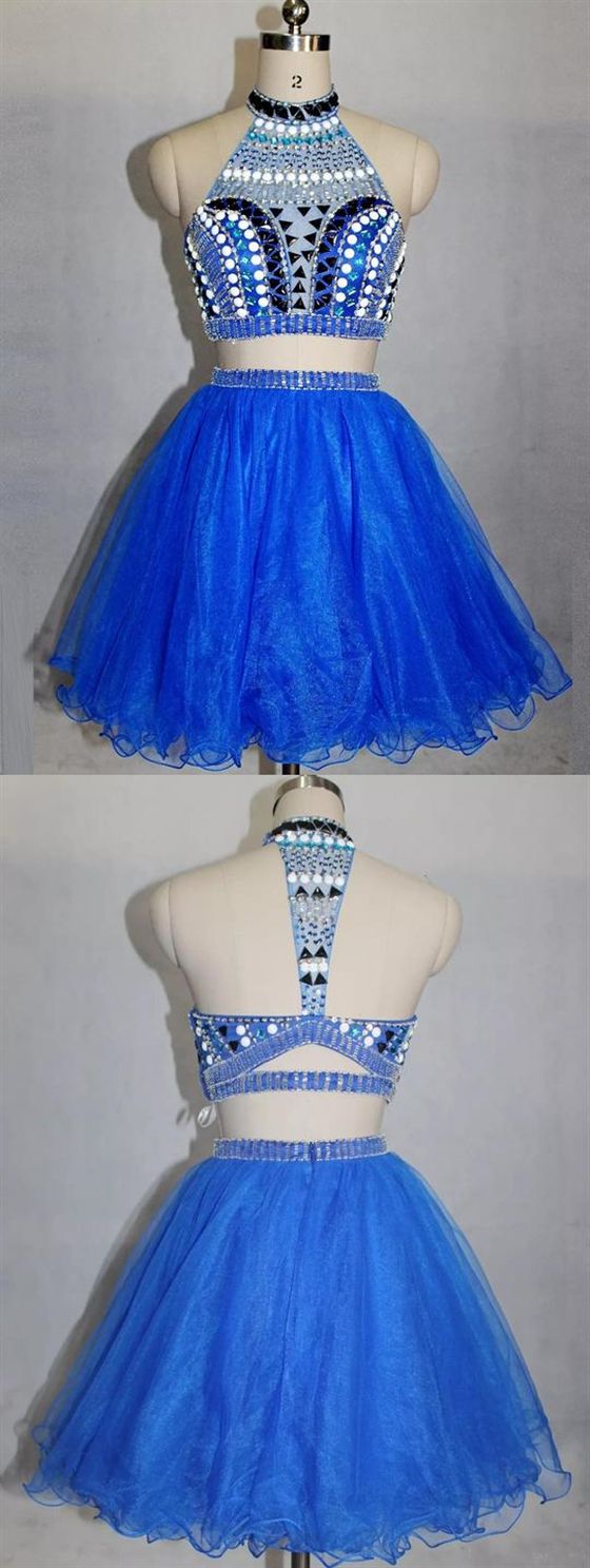 Blue High Neck Beaded Short Dresses Homecoming Dresses Cocktail Two Pieces Natalia CD413