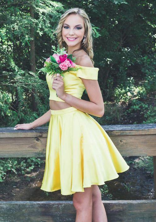 Off Jackie Homecoming Dresses The Shoulder Yellow Two Piece Short CD4141