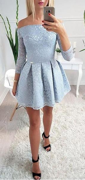 Elegant Off The Shoulder Aaliyah A Line Homecoming Dresses Lace 3/4 Sleeves Short CD4152