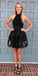 A-Line Halter Backless Short Black With Beading Dominique Satin Homecoming Dresses Lace CD4237