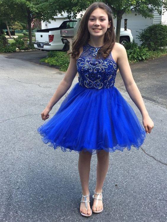 Halter Emerson Homecoming Dresses Royal Blue Short/Mini Sleeveless Straps Beading CD4255