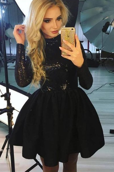 A-Line Jewel Long Sleeves Black With Anahi Homecoming Dresses Sequin CD428