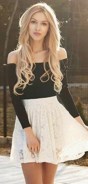 Two Piece Lace Ivory Homecoming Dresses Baylee Long Sleeves Short CD429