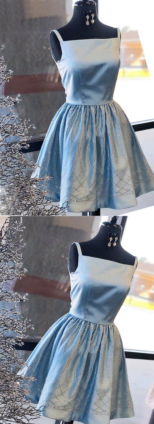 Blue Sleeveless Short With Sequin A Line Satin Homecoming Dresses Rory CD439