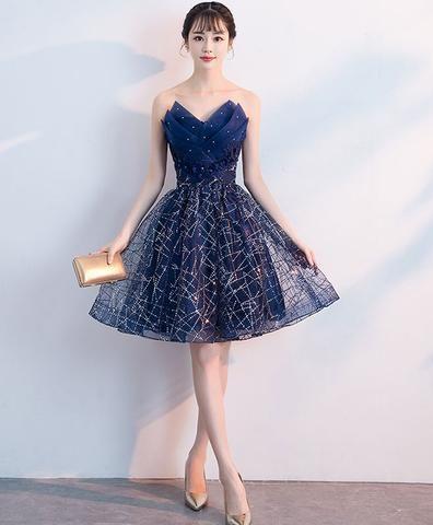 Dark Blue V Neck Tulle Sequin Short Blue Homecoming Dresses Shayna CD445