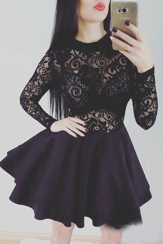 BLACK SHORT WITH LONG SLEEVES LACE Homecoming Dresses Heather CD4644