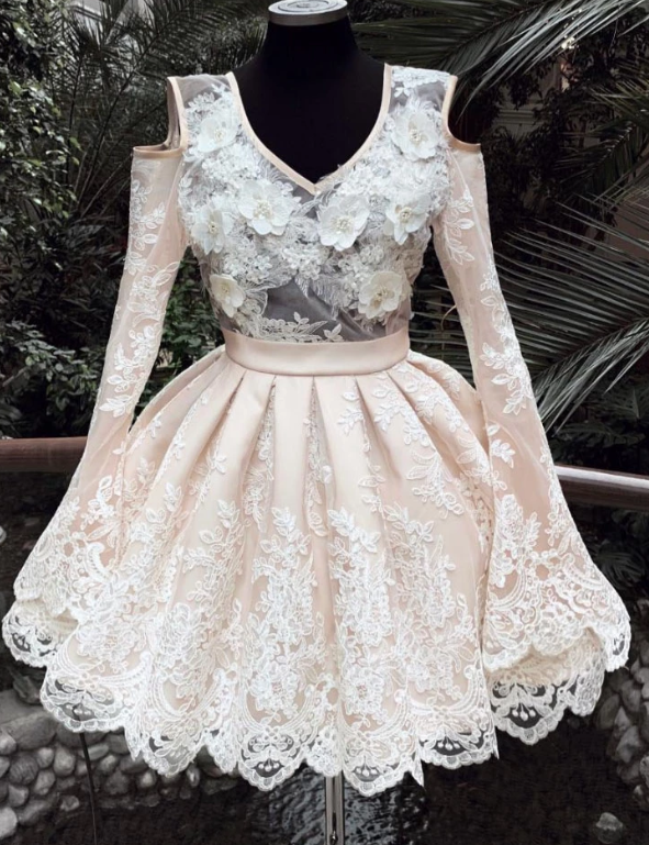 Champagne V Neck Lace Homecoming Dresses Alisson Short Party Dress CD5029