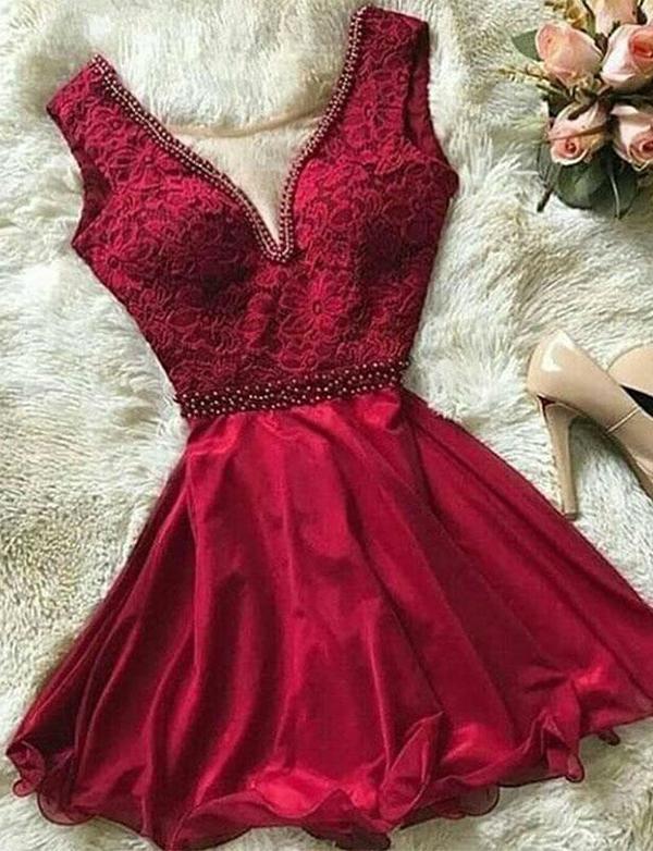 Deep Elsa Homecoming Dresses V Neck Red Short With Appliques Beading CD506
