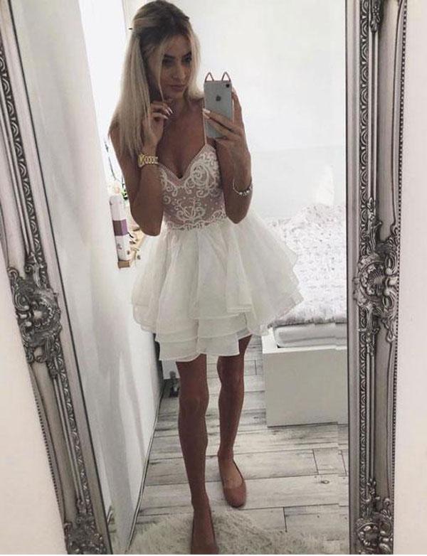 Spaghetti Straps Chiffon Homecoming Dresses Sierra White Short With Embroidery CD531