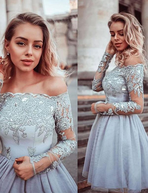 Off The Shoulder Gray Tulle Short With Tiana Homecoming Dresses Appliques CD532