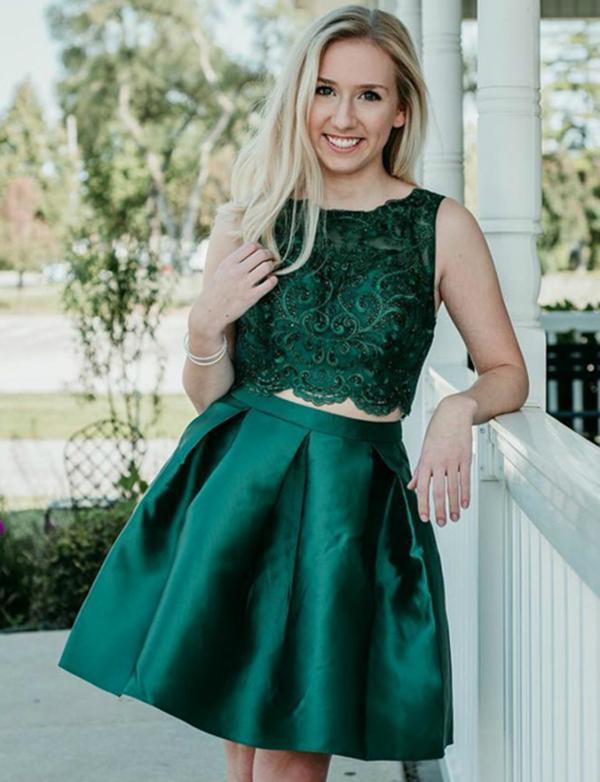 Two Piece Dark Green With Aleah Satin Homecoming Dresses Beading CD543