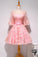Round Neck Saniya Pink Lace Homecoming Dresses Short Party Dress With Mid Sleeve CD5682