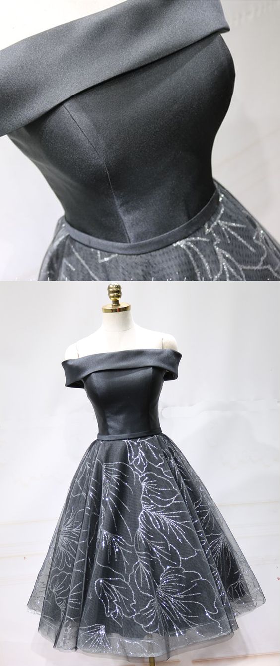 Black Short Tulle Off Shoulder Party Homecoming Dresses Satin Rylie Dress CD5697