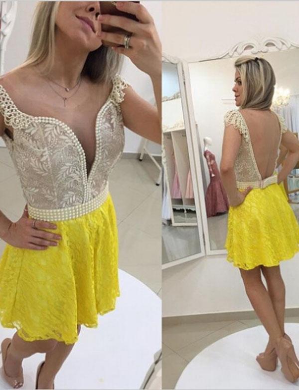 Round Neck Cap Sleeves Homecoming Dresses Millie Lace Yellow Red Short With Pearls CD570