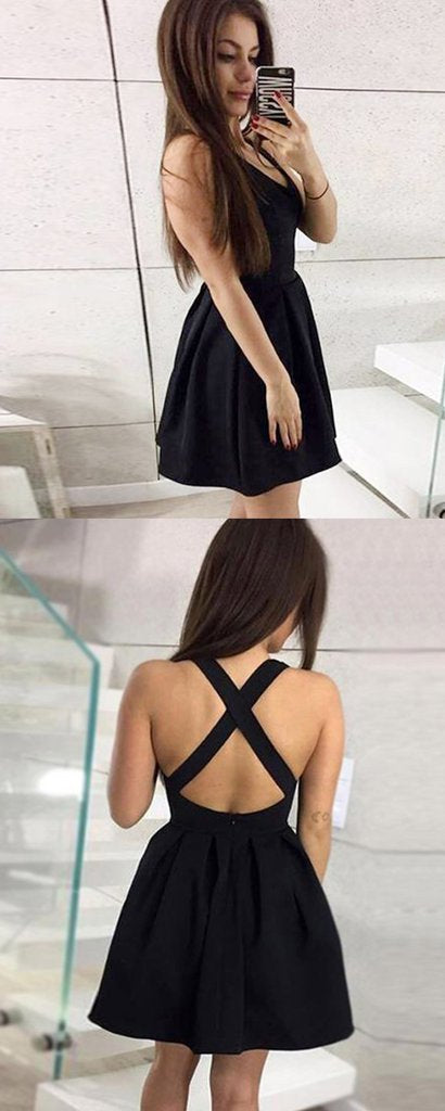 Patience Homecoming Dresses A-Line V-Neck Sleeveless Black With Cross Back CD572