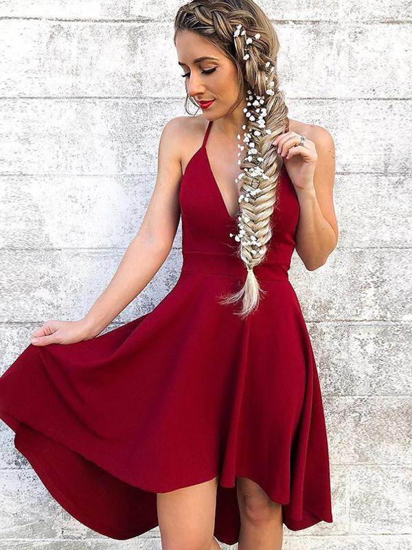 Homecoming Dresses Mignon A-Line Deep V-Neck Spaghetti Straps Dark Red CD573
