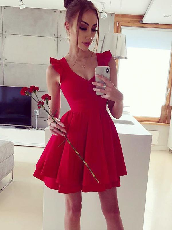 Simple A-Line V-Neck Sleeveless Red With Eliana Homecoming Dresses Ruffles CD582