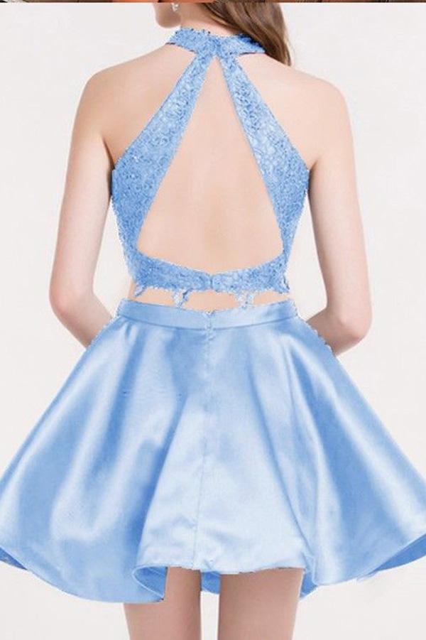 Skye Blue Two Piece Halter Sleeveless Keyhole Back Appliques A Line Homecoming Dresses Angie Short CD61