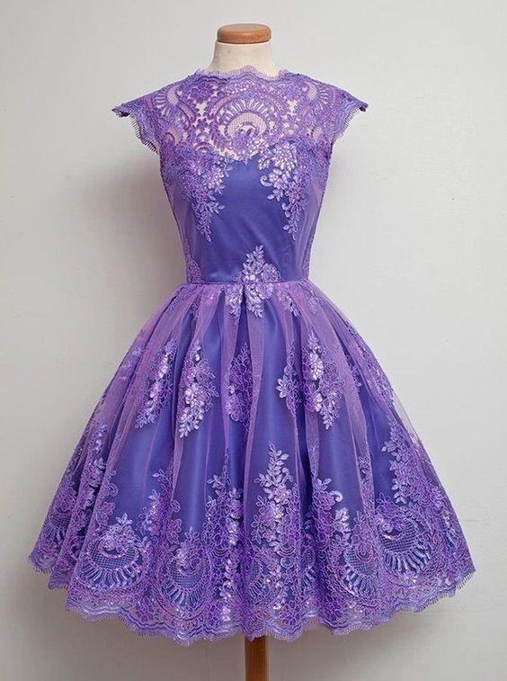 Glamorous A-Line Jewel Cap Sleeves Homecoming Dresses Jaelyn Grape Tulle With Appliques CD6148