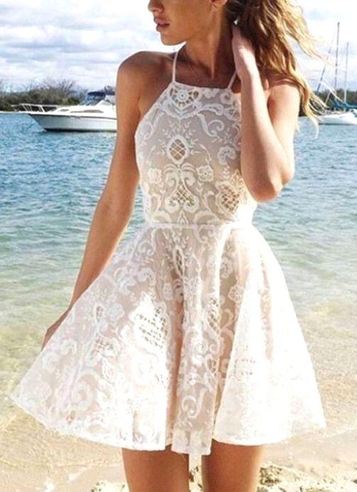 Ivory Sibyl Homecoming Dresses Lace A-Line Halter Short Dress Party Dress Simple Popular CD67