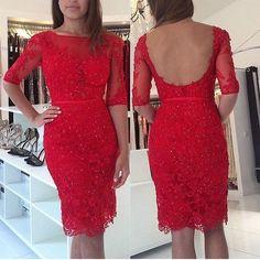 Half Sleeve Short With Beaded Red Evening Homecoming Dresses Cameron Lace Dress Knee Length Gown CD6749