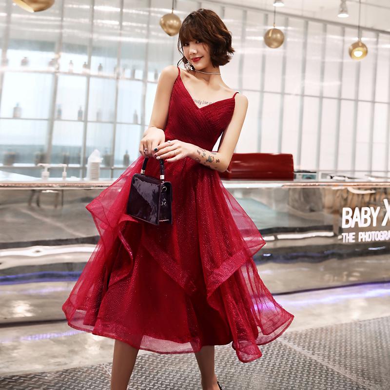 BURGUNDY V NECK TULLE Aliya Homecoming Dresses SHORT CD712