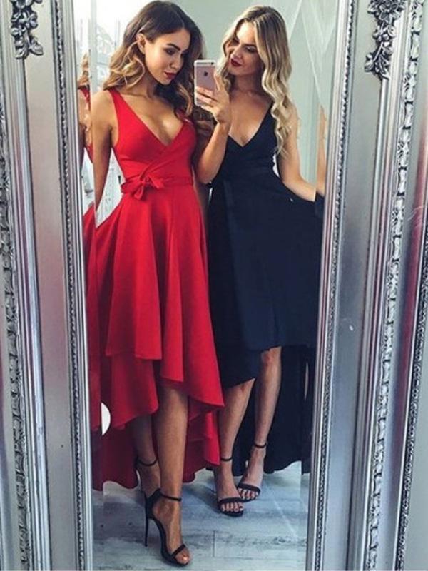 Rory Homecoming Dresses High Low V Neck Simple Cheap Short Red CD73