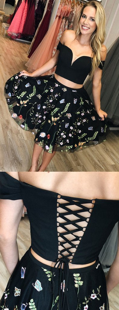 Black Two Piece Off Homecoming Dresses Sofia Shoulder Embroidery CD759