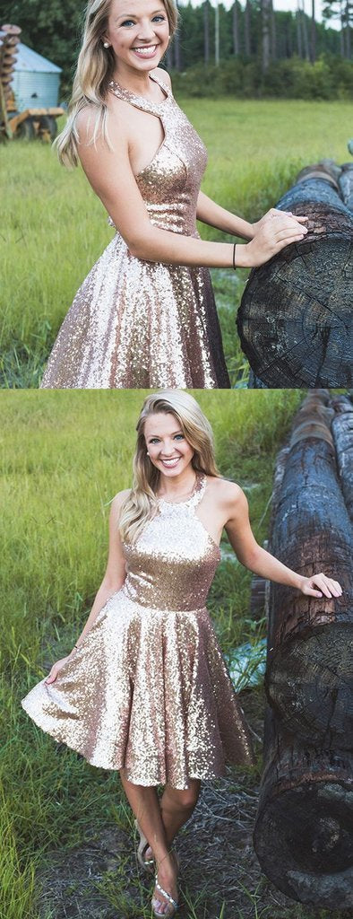 Shiny Gold Breanna Homecoming Dresses Sequin Halter Simple CD761