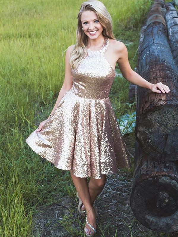 Shiny Gold Breanna Homecoming Dresses Sequin Halter Simple CD761