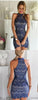 Sheath High Neck Sleeveless Navy Blue Mini Homecoming Dresses Tatiana Lace With CD765