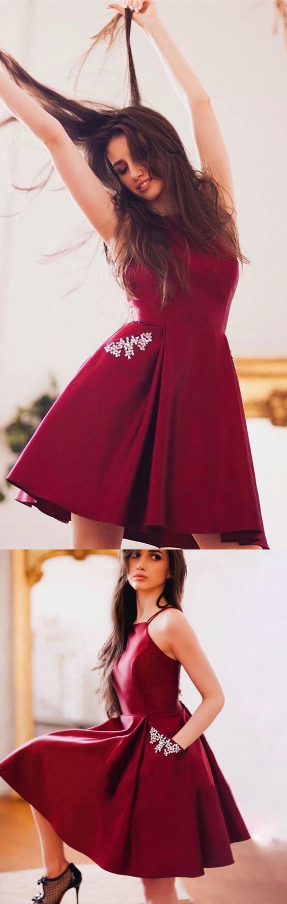 Burgundy With Aylin Homecoming Dresses Pockets A-Line Short Cute Party Dress CD785